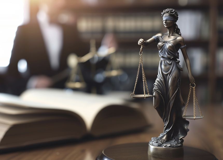 Scales of justice on a desk beside law books